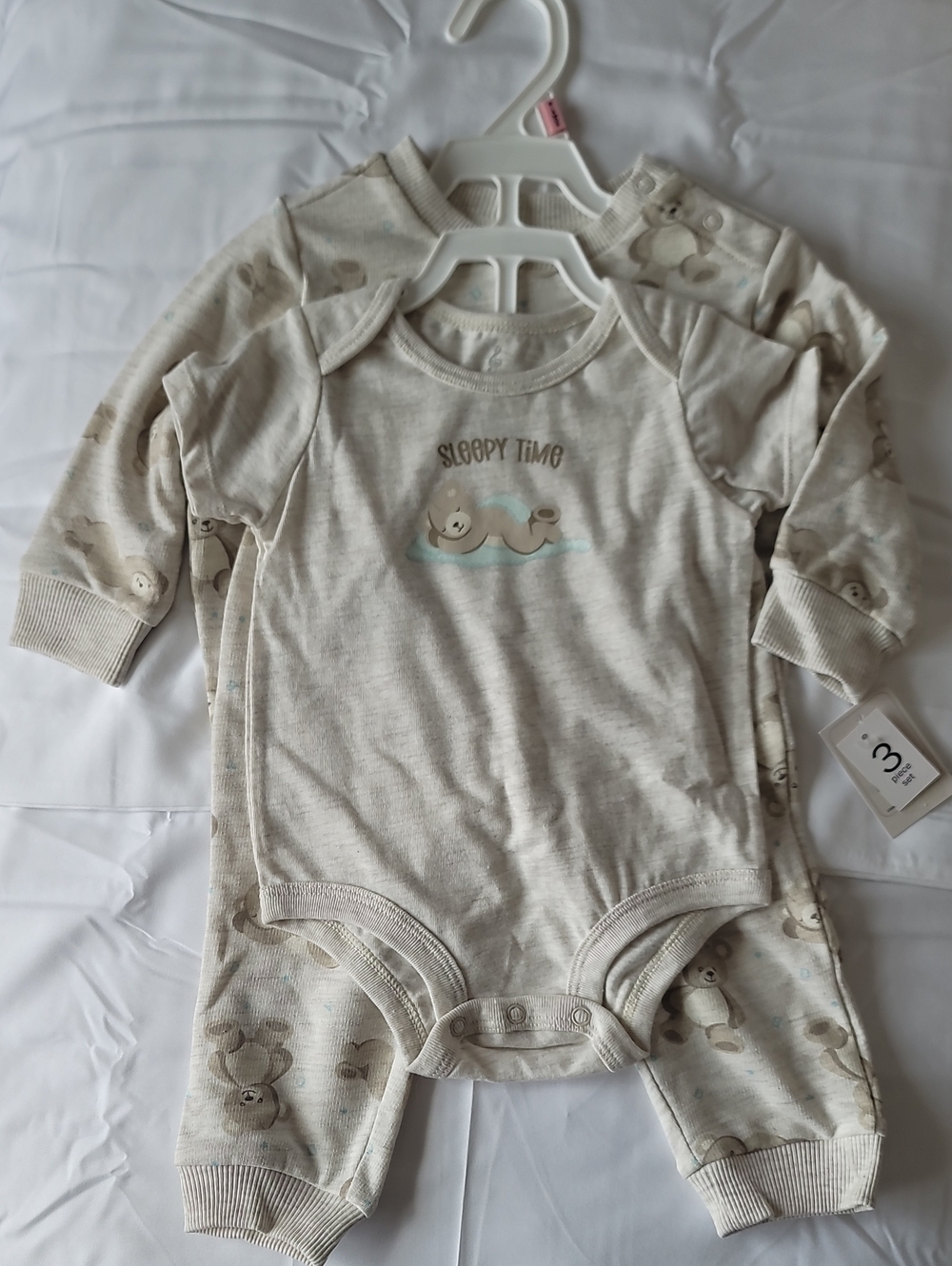 Neutral Bear Print Baby Three-Piece Bodysuit - Sleepy Time